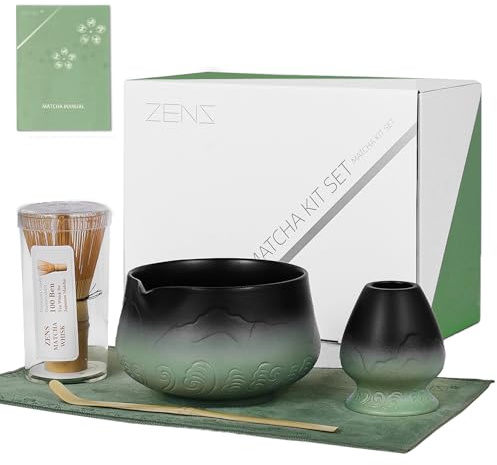 ZENS Premium Matcha Whisk Set, 5pcs Matcha Kit with Matcha Tools, Pink | Matcha Set Whisk and Bowl, Bamboo Whisk, Chasen Holder, Scoop & Tea Mat Kit for Japanese Tea Ceremony