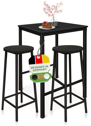 BeFair Bartisch Set Schwarz - Stehtisch mit 2 Barhockern - Hochtisch mit Barstühlen - Tisch 60x60x100 cm, Hocker 70 cm Höhe für Küche