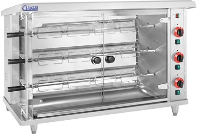Royal Catering Asador de pollos a gas 3 espadas Con iluminación - Estructura robusta en acero inoxidable, Compatible con gas LPG o natural, distancia ajustable, para negocios de hostelería y catering