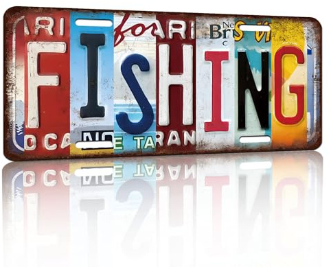 Vintage License Plate Wall Decor Fishing Tin Sign for Home Office Garage Bar Restaurant Living Room Garden Yard 12 x 6 Inches (25105)