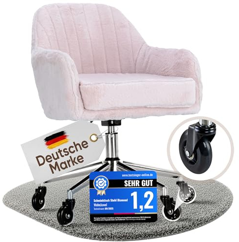 WohnJuwel Schminktisch Stuhl [höhenverstellbar] mit Gummirollen, Dickes Kissen [waschbares Kunstfell] - Drehstuhl Schminkstuhl Schminktischstuhl Schreibtischstuhl - Rosa