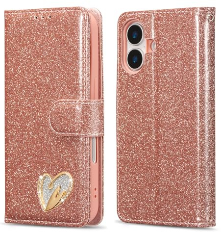 QLTYPRI Funda tipo cartera para iPhone 17, piel sintética con purpurina TPU, tarjetero, soporte para tarjetas, correa de muñeca con incrustaciones de corazón y diamantes para iPhone 17, color oro rosa