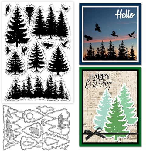 GLOBLELAND Pine Tree Silhouette Clear Stamps and Metal Die Cuts Forest Background Transparent Stamp Bird Silhouette Cutting Dies for Card Making Embossing Scrapbooking