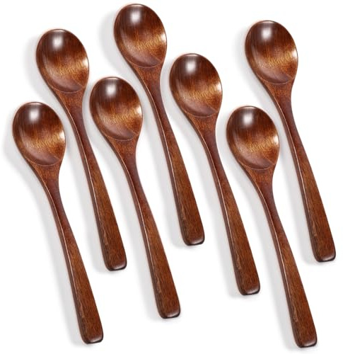 7 Stück Holzlöffel, Langstieliger Holzlöffel, Holz-Teelöffel Kleiner, Klein Suppenlöffel, Langgriff 18cm Honiglöffel Holz für Küche, Kaffee, Kochen, Mischen, Restaurant