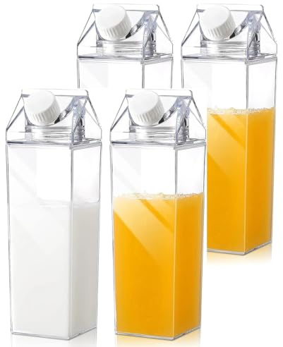 TINGJUNN 4 bouteilles de lait carrées transparentes de 500 ml, bouteilles d'eau en plastique transparent, bouteilles d'eau en carton de lait étanches, conçues pour les sports de plein air, les voyages