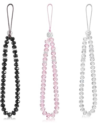 Générique 3 Pièces Portable Bracelet Téléphone Chaîne, Chaîne de Téléphone en Pierre Synthétique, Sangle de Poignet Universelle à Perles pour Écouteurs, Lanière de Téléphone Mobile, Noir/Rose/Blanc