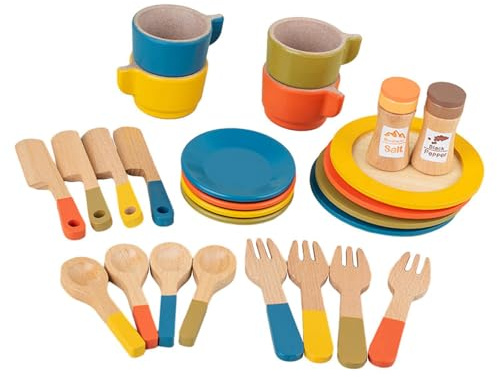 ICDKOYK Play Kitchen Cutlery And Plate Set For Kids 16 Piece Combination Encouraging Afternoon Tea Role Play And Social Skills Wooden Dish Set For Girls Toddlers Tea
