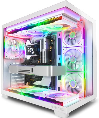 MUSETEX Y6 Boîtier PC, 7 Ventilateurs ARGB PWM Infinity Mirror préinstallés, Vue 270° en Verre Trempé, Connectique Type-C, Boîtier PC Gamer Mid-Tower ATX, Blanc