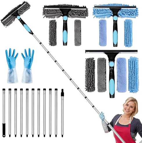 4.5M Extendable Window Cleaning Pole Set, Telescopic 2in1 Long Reach Window Cleaning Equipment with Silicon Squeegee and 5 Microfiber Pad, Telescopic Long Handle Squeegee with Gloves (Blue)