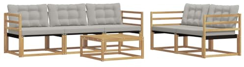 XHNIFBN Juego de muebles de jardín de madera de acacia, sofá modular para 5 personas, muebles de patio con mesa y tapicería, conjunto de asientos para exteriores en blanco y gris claro