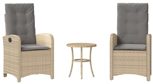 Qnhdfrt 3-TLG. Bistro-Set Gartenmöbel Set aus PE-Rattan, 2 verstellbare Gartensessel mit Kissen & Beistelltisch für Balkon und Terrasse, Beige Mix