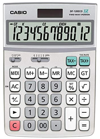 Casio Tischrechner DF-120ECO, 12-stellig, umweltfreundlich, Steuerberechnung, Solar-/Batteriebetrieb, farbe
