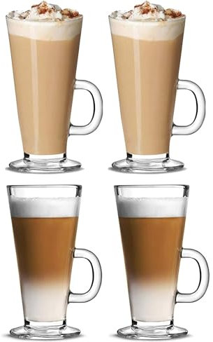 EVER RICH ® Latte Glass Coffee Cups Temperature Resistant Mugs for Tea Coffee Latte HOT Drinks Well AS Cold Drinks. (4 Glasses ONLY)