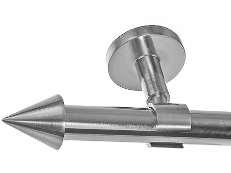 BASIT Gardinenstange Edelstahllook 20mm 1-läufig Decke 180cm lang D31 | Gardinenstangenset einläufig Deckenmontage Metall Vorhangstange Deckenhalterung 120-600cm wählbar Kappe Spitze E31