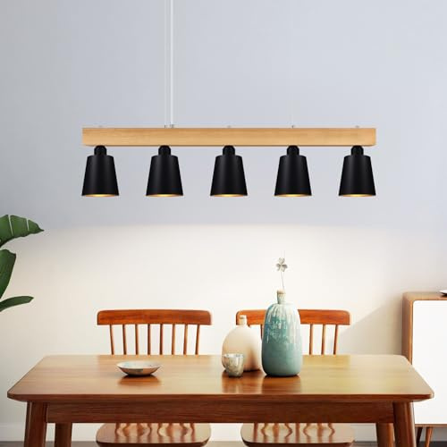 ZMH Pendelleuchte Esstisch Hängelampe Schwarz - Hängeleuchte Esszimmer Pendellampe Holz E27 Esszimmerlampe Modern 5 Flammig Esstischlampe für Küche Flur Schlafzimmer Wohnzimmer (ohne Leuchtmittel) | Hängeleuchte 5-Flammig Pendellampe Holz und Metall Hängeleuchte Hängelampe retro E27 Leuchtmittel für Esszimmer (Schwarz)