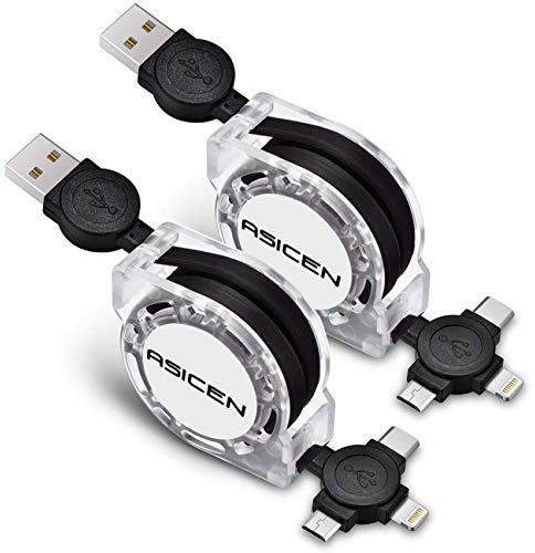 ASICEN Einziehbar Multi Ladekabel 3 in 1 Schnellladekabel, 3A 1M, 2 Stück | Universal Ladekabel, Schnellladekabel mit iP/Typ C/Micro USB, für iPhone16/15/14/13, Galaxy, PS, LG, Tablets