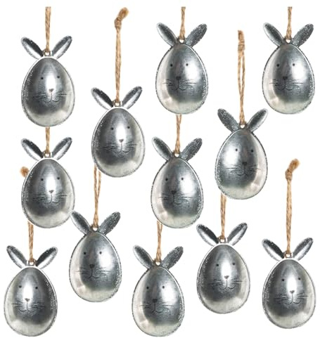 Osterhasen-Anhänger, 12 Stück: Osteranhänger Osterstrauch & Fenster, Osterdeko zum Aufhängen Ostern & Frühling, Metall Osterschmuck, Metallanhänger Deko, Frühlingsdeko Ostereier Silber, 5 x 2,5 cm