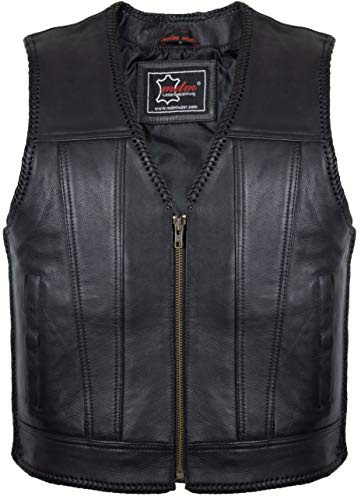 MDM Chaleco Biker Hombre, Chaleco de cuero auténtico negro, ajustable con cremalleras laterales, estilo motero clásico