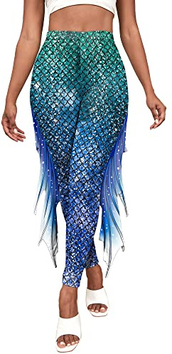 FEOYA Damen Push Up Leggings High Waist Leggins Meerjungfrau Bedruckte Leggings mit Flosse Glänzend Hose für Karneval Kostüm Alltag Halloween Rollenspiel Party Yoga D L
