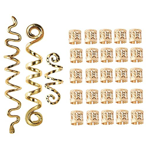 28 Pieces Hair Beads Spiral Coils Dreadlock Beads Braids Rings Clips Metal Cuffs Loc Hair Jewelry Hair Wraps Accessory Snake Hair Clips for Women and Girls (Gold)