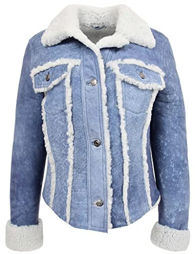 Divergent Retail DR239 Damen Echt Schaffell Trucker Jacke Denim Blau, Blue Jean, 46