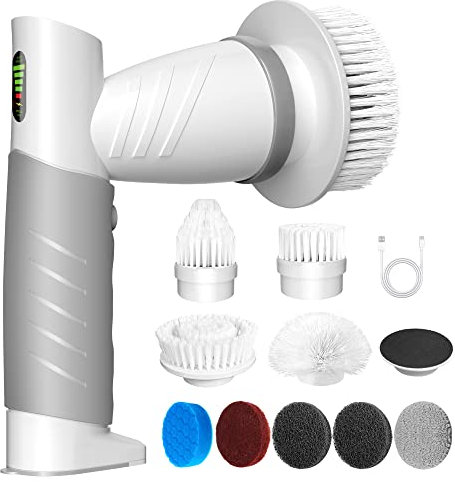 Brosse à récurer électrique 9 en 1 pour salle de bain, brosse de nettoyage de douche, brosse de nettoyage pour baignoire, carrelage, sol, évier, cuisinière – X02 Gris