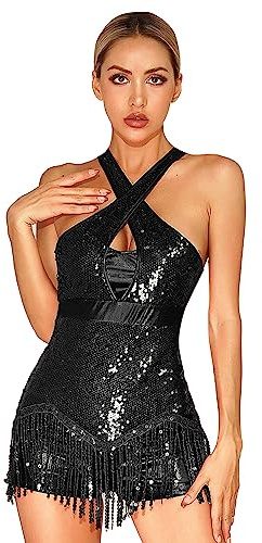CHICTRY Women's Glitter Sequins Leotard Cross Front Ballroom Dance Dress Cocktail Dress Costume Black M