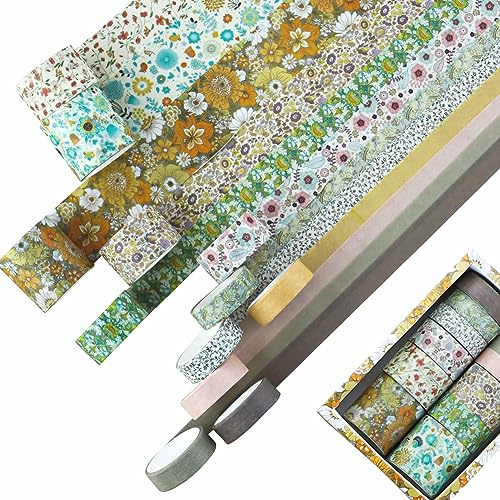 HXMJIED 12 Rolls Washi Tape Set, Floral Washi Tape, Masking Washi Tape, Multi-Pattern Washi Tape, Craft Tape Decorative Tape, Colorful Decorative Writable Tape, for Scrapbook, Gift Wrapping