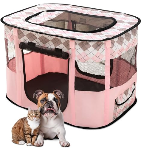 ALLSOPETS Welpenauslauf Faltbar, Laufstall für Hunde, Rosa Karo, XXL | Tragbarer Welpenlaufstall für Hunde und Katzen mit Tragetasche, Indoor Outdoor Hundebox für Reisen, Camping und Zuhause