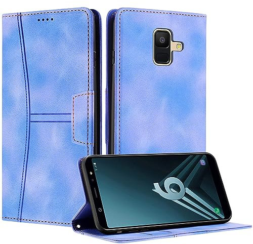 Radoo Kompatible SAM Galaxy A6 2018 Hülle, Faltbare PU Premium Leder Flip Handyhülle mit Kartensteckplatzständer Magnetverschluss Stoßfeste Lederhülle (Blau)