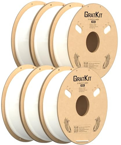 GratKit PETG 3D-Drucker Filament 1,75mm 6kg Spule, 3D-Druck Filament±0,03mm Präzision, Leicht zu drucken, Gleichmäßige Wicklung, 6 * 1KG, 6 Packs, Weiß