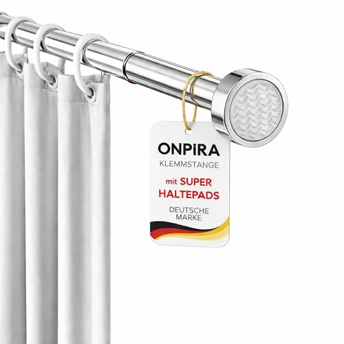 Onpira® Duschvorhangstange ohne Bohren – Rostfreie Teleskopstange & Gardinenstange zum Klemmen | 5 Längen 40–230 cm | 3 Farben: Schwarz, Weiß & Edelstahl | Starker Halt bis 15 kg