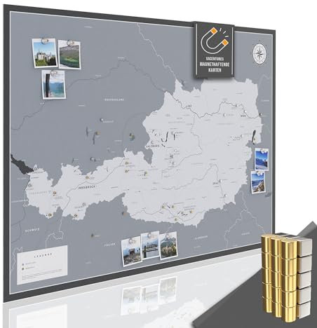 Magnetische Pinnwand Österreichkarte XL inkl. 2 x 15 magnetische Pins I Markiere Deine Reiseziele I Sammel Fotos und Magnete I Magnet Poster DIN A1