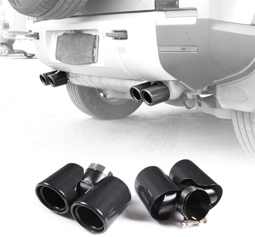HIRUFAIT Dual Exhaust Tips Pipe Trim for 2020 2021 2022 2023 L@nd Rover Defender 90 110 130 Accessories, Carbon Fiber & Stainless Steel Tail Muffler Double Outlets End Pipe (Glossy)