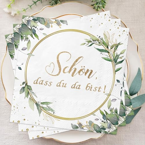 Wentsent 80Stück Servietten Schön Dass Du Da Bist, 3-Lagige Eukalyptus Grün Papierservietten Tischdekoration für Hochzeit Geburtstag Taufe Kommunion Konfirmation und jede Feier Party