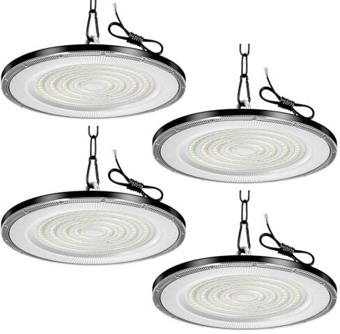Viugreum 4 Paquetes de UFO LED 200W, Proyector LED exterior 20000LM, Blanco Frío 6500K, AC 85-265V IP65 Impermeable Iluminación de Taller, Led Industrial UFO con Cadena para Fábrica Taller Gimnasio