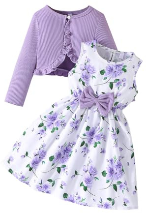 Yanmucy Vestito e Cardigan per Bambine 2 Pezzi Abitini per Abiti Floreali Toddler Bambini Manica Lunga Cappotto Volant Ragazze Vestito per 2-8 Anni
