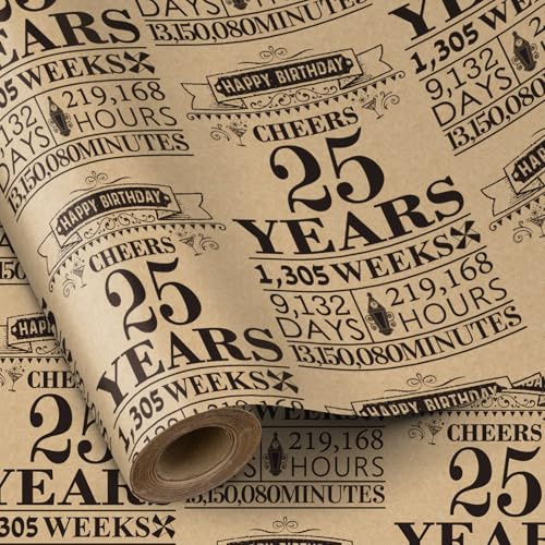 RUSPEPA Geburtstags-Geschenkpapierrolle, Mini-Rolle, schwarz, 25 Jahre Design, Kraft-Geschenkpapier, ideal für Geburtstag, Party, Feiertag, 43,2cm x 5m, 25. Geburtstag