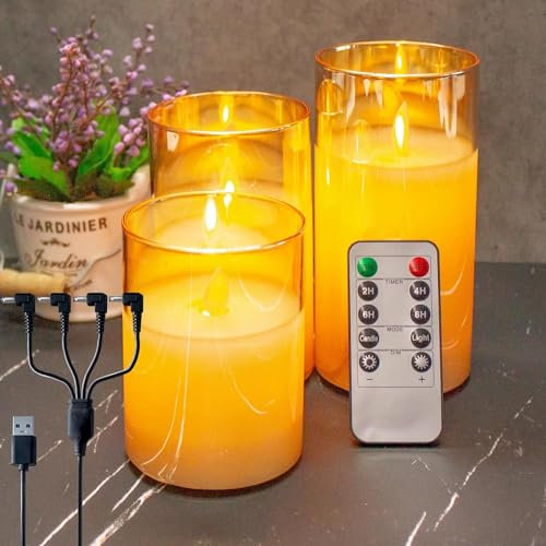 NICE POINT Bougies LED Rechargeables USB - Flamme Vacillante Réaliste en Verre Doré, Télécommande & Minuterie Auto 2/4/6/8h, 2 Modes (Vacillement/Lumière Douce) pour Maison, Dîner, Spa, Autel, Mariage