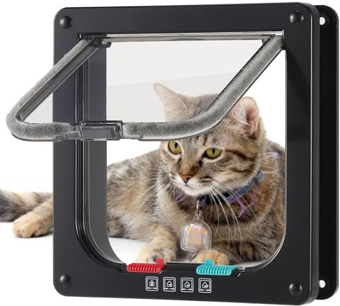 Roxanex Cat Door Medium 15.5cm x 15cm Flap Easy to Fit, Safety Pet Sliding Door with 4 Way Lock, Weatherproof Cat Flap for Inside Outside Door Wall Fence, Black