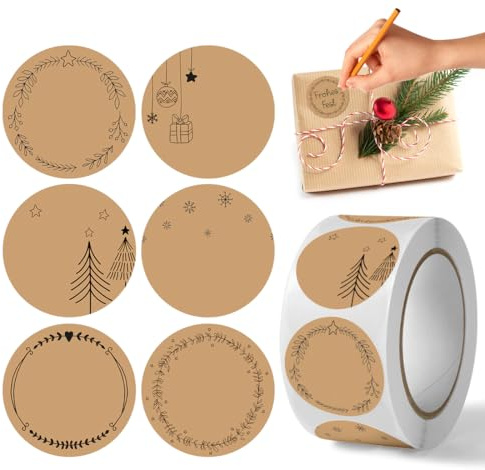 Cadimus Weihnachtsaufkleber zum Beschriften,500 Stück Kraft Etiketten Aufkleber,Aufkleber Weihnachten Rund,Etiketten Selbstklebend,für Weihnachtsmarmeladenglas, Umschlag,Geschenktütenaufkleber