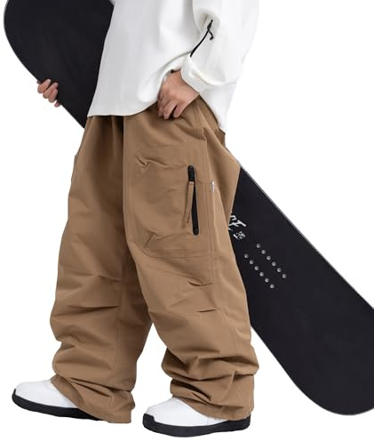 SNOWVERB Damen Herren Baggy Ski isolierte Hose, wasserdicht, Cargo-Schneehose, Snowboard, Outdoor-Wanderhose für Wintersport (Größe M, Braun)