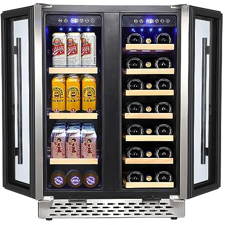 Wine and Beverage Refrigerator, 24'' Dual Zone Fridge with Glass Door, 55 Cans and 20 Bottles Large Dual Zone Wine Cooler with Quiet Compressor, Dual Temperature Under Counter Wine Fridge white LED