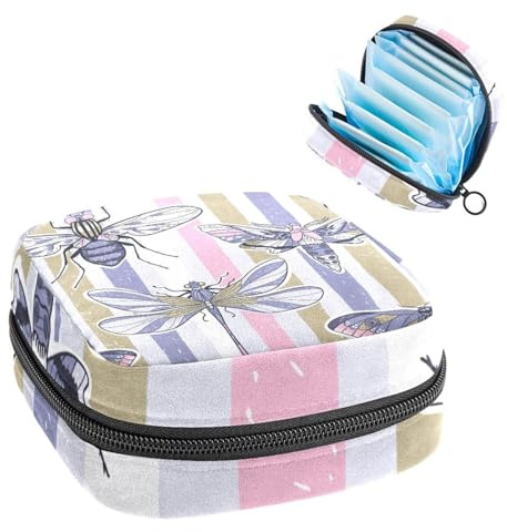 Borsa portaoggetti per assorbenti igienici, a righe con libellula, borsa per il primo ciclo mestruale, per ragazze e donne, sacchetto per coppette mestruali femminili