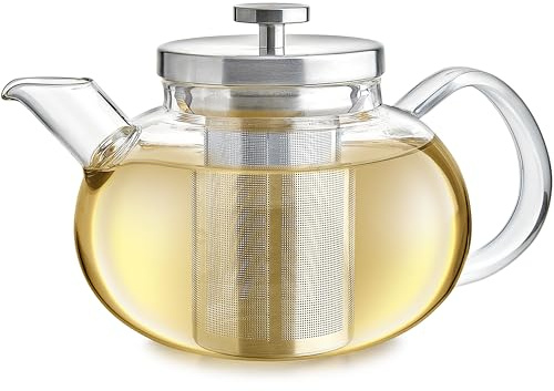 Teabloom Connoisseur Glass Teapot with Stainless Steel Infuser for Loose Tea – 4-Cup Capacity, Stovetop-Safe, Durable Borosilicate Glass, Perfect for Hot and Iced Tea
