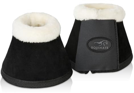 Equinate Hufglocken Sunville mit Wildleder überzogen und synthetischem Lammfell S Schwarz - Robuste und stoßdämpfende Springglocken - Hufschutz für Training und Turniere - 2er Set