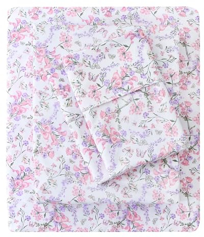 Mooreeke Cozy Vintage Microfiber Printed Twin Sheet Set - Soft Breathable Floral Bed Sheets with Deep Pocket - Non-Slip Fitted Design - Pink Purple Flowers Pattern