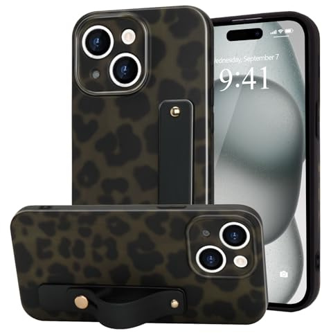 LAPOPNUT for iPhone 15 Case Strap Leopard Tortoise Print, Green | Cheetah Amber Pattern Phone Cover, Adjustable Finger Wrist Stand Holer, Cute for Women Girls Men,TPU Bumper Shell, Protecion