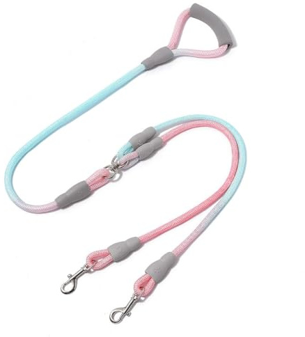 VVMEETYOU Double Dog Leash for Two Dogs， 360° Swivel No Tangle Two Dual Dog Leash with Comfortable Padded Handle for Small Medium and Large Dogs Walking & Training (Blue&Pink, Large)