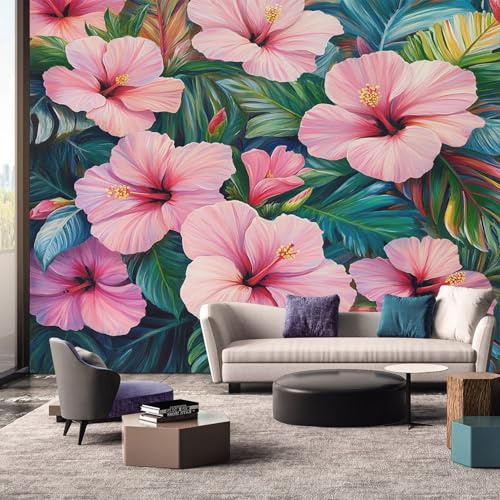 Tropical Floral Wallpaper, Jungle Pink Flower Monstera Wall Mural, Wallpaper for Bedroom Living Room, Home Decor, Photo Wall Paper, 130 x 80 cm W&Z